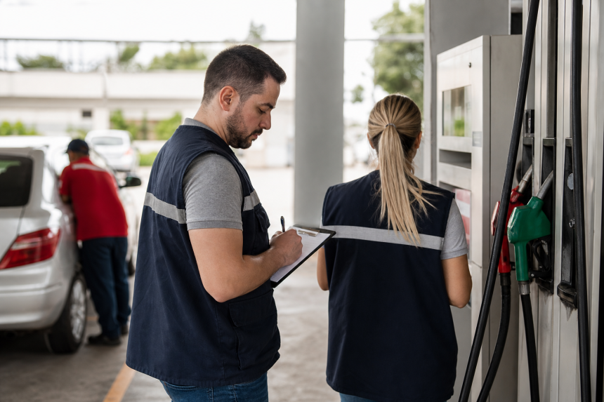 Fiscais inspecionam posto de combustíveis durante operação nacional de fiscalização