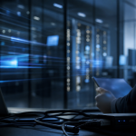 Composição abstrata com telas desfocadas e elementos de conexão associados à fiscalização digital de apostas ilegais