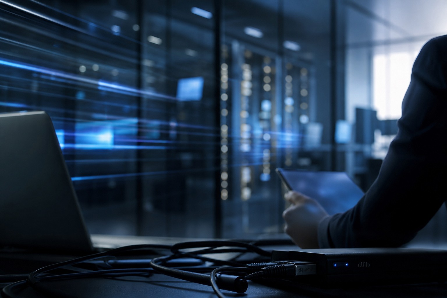 Composição abstrata com telas desfocadas e elementos de conexão associados à fiscalização digital de apostas ilegais